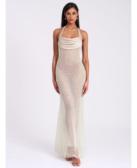 Женское платье Miss Circle Zahya Lime Halter Backless Beaded Mesh Gown, цвет: Лаймовый / Пастельный зелёный