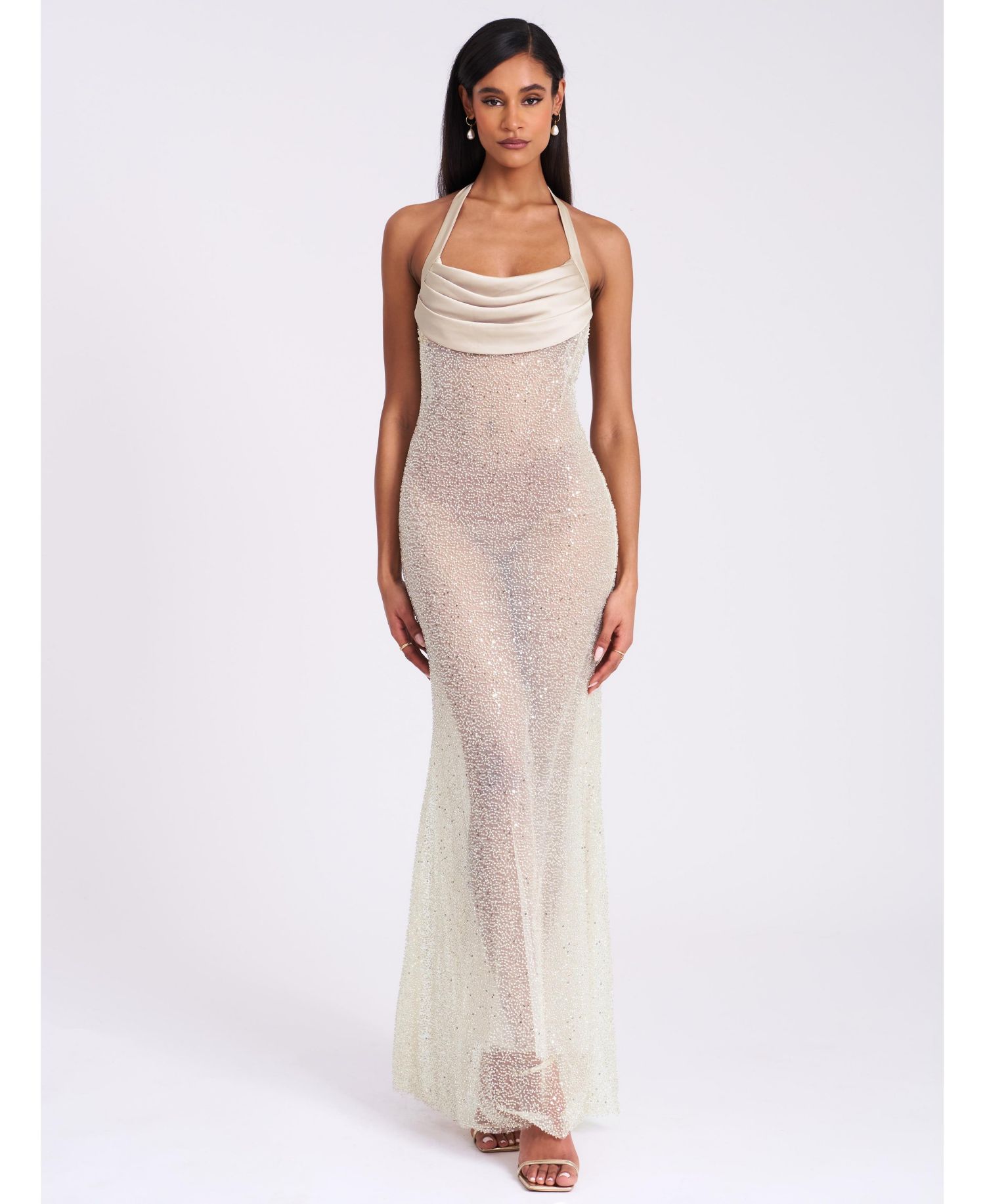 Women's Zahya Lime Halter Backless Beaded Mesh Gown