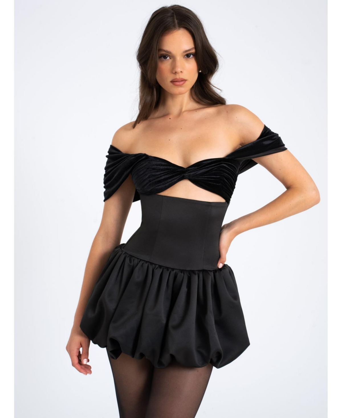 Women's Gabby Black Velvet Top Bubble Hem Mini Dress - Black