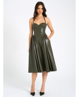 green emerald velvet dress Diana Smocked Waist Faux Leather Fate Dress- Sale M main image 0