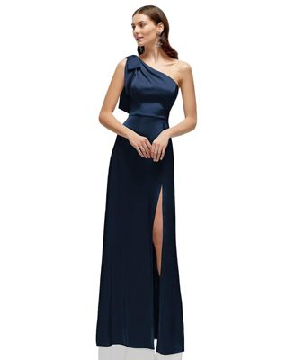 Women's Bow One-Shoulder Fluid Satin Maxi Dress with Full Skirt