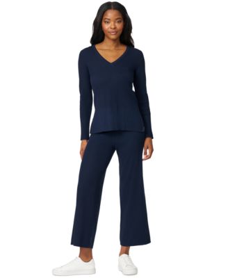 Petite Ribbed-Knit V-Neck Tunic & Pant Sweater Set