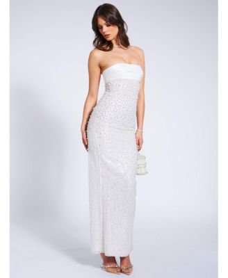 Women's Lainey White Satin Sequin Pearls Beaded Maxi Dress