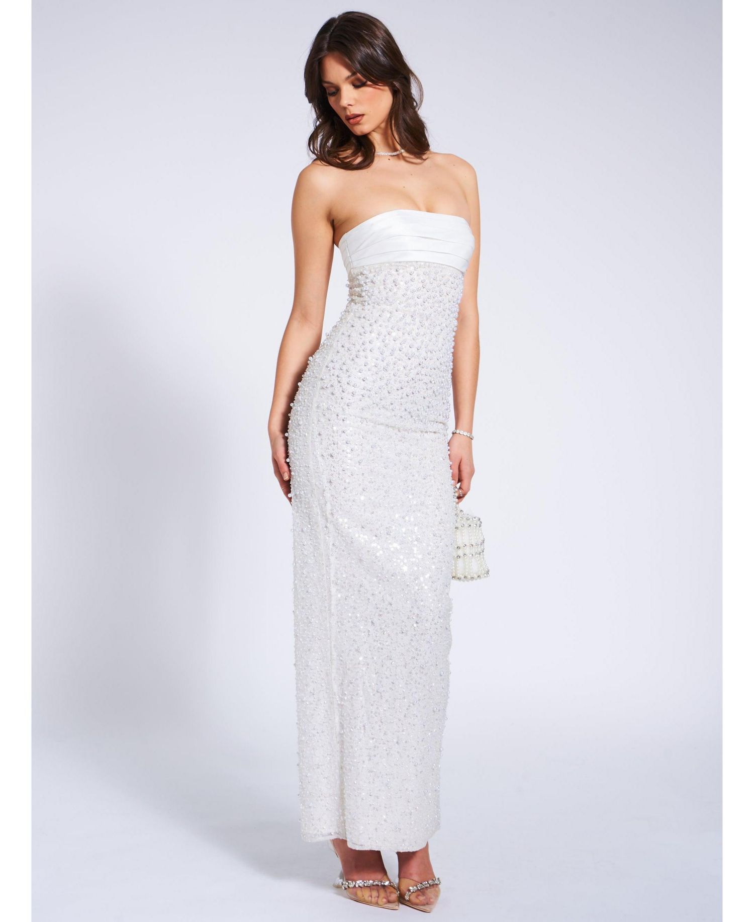 Women's Lainey White Satin Sequin Pearls Beaded Maxi Dress