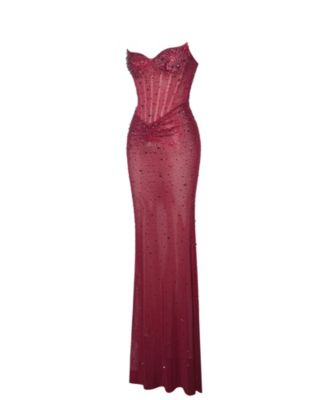 Women's Fatima Burgundy Crystal Sleeveless Corset Mermaid Maxi Dress