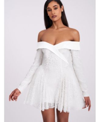 Women's Kira Bead Embroidered Mesh Off Shoulder Long Sleeve Mini Dress