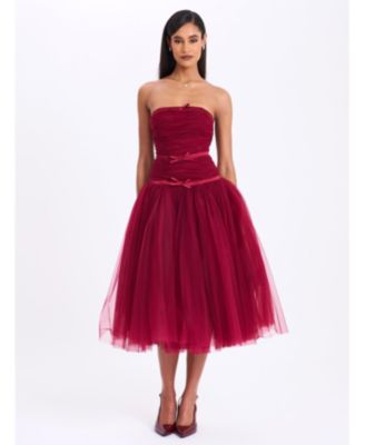 Women's Mabel Burgundy Drop Waist Layered Mesh Midi Puffy Dress with Bow