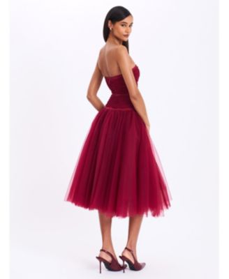 Women's Mabel Burgundy Drop Waist Layered Mesh Midi Puffy Dress with Bow