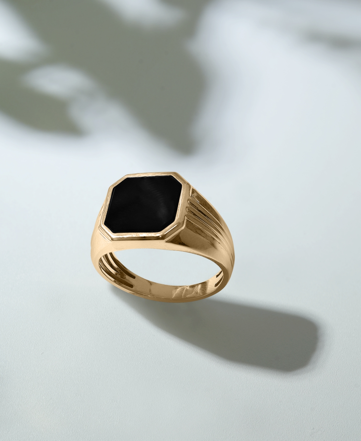 Macy's Men's 14k Gold-plated Sterling Silver Onyx Octagon Polished Ridged Ring In Yellow