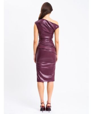 Women's Sabina Purple Leather Slash Neck Midi Dress