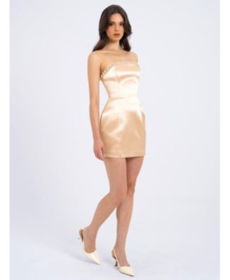 Women's Paisley Pearl Trim Gold Sleeveless Mini Dress