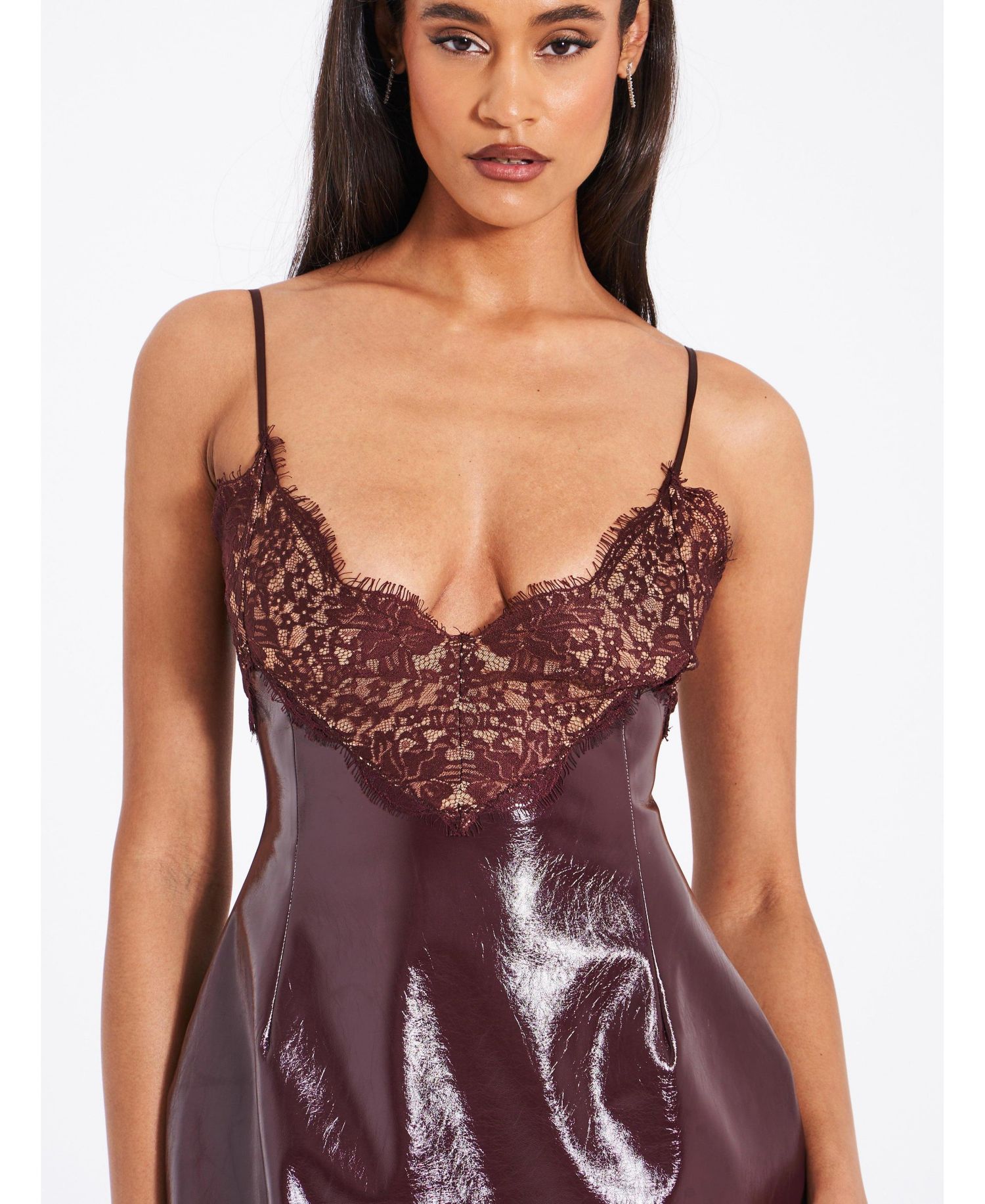 Women's Shelby Dark Brown Faux Leather with Lace Mini Dress