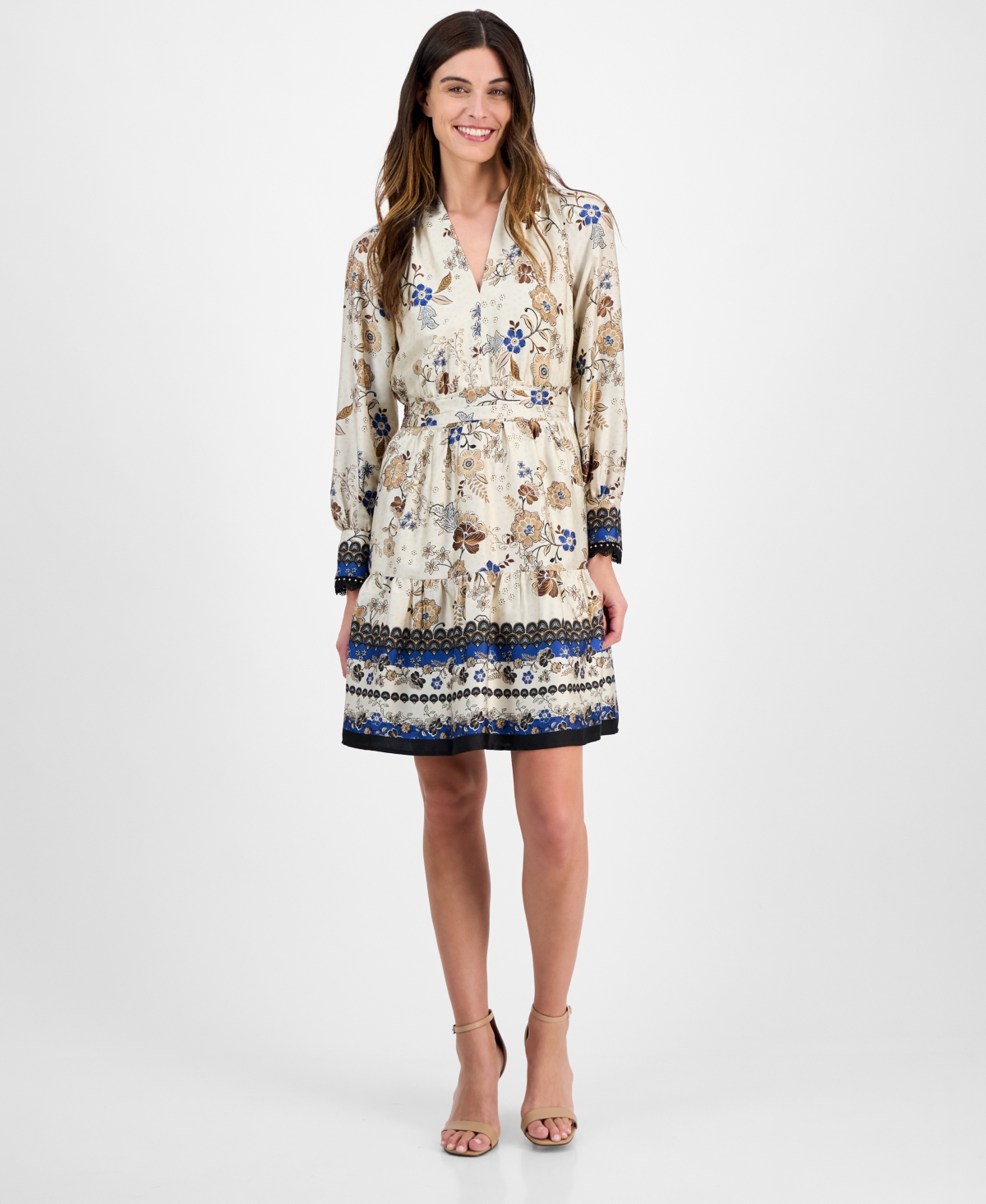 Petite Tiered Floral-Print Dress - Ivory/Shell Multi