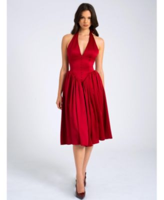 Women's Cara Red Plunging Halter Backless Maxi Dress
