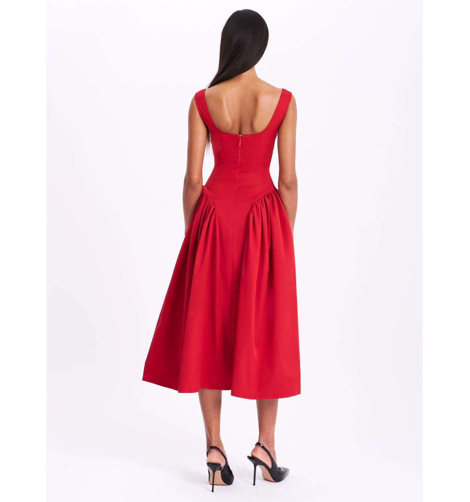 Women's Nahla Red Drop Waist Midi Dress with Buttons