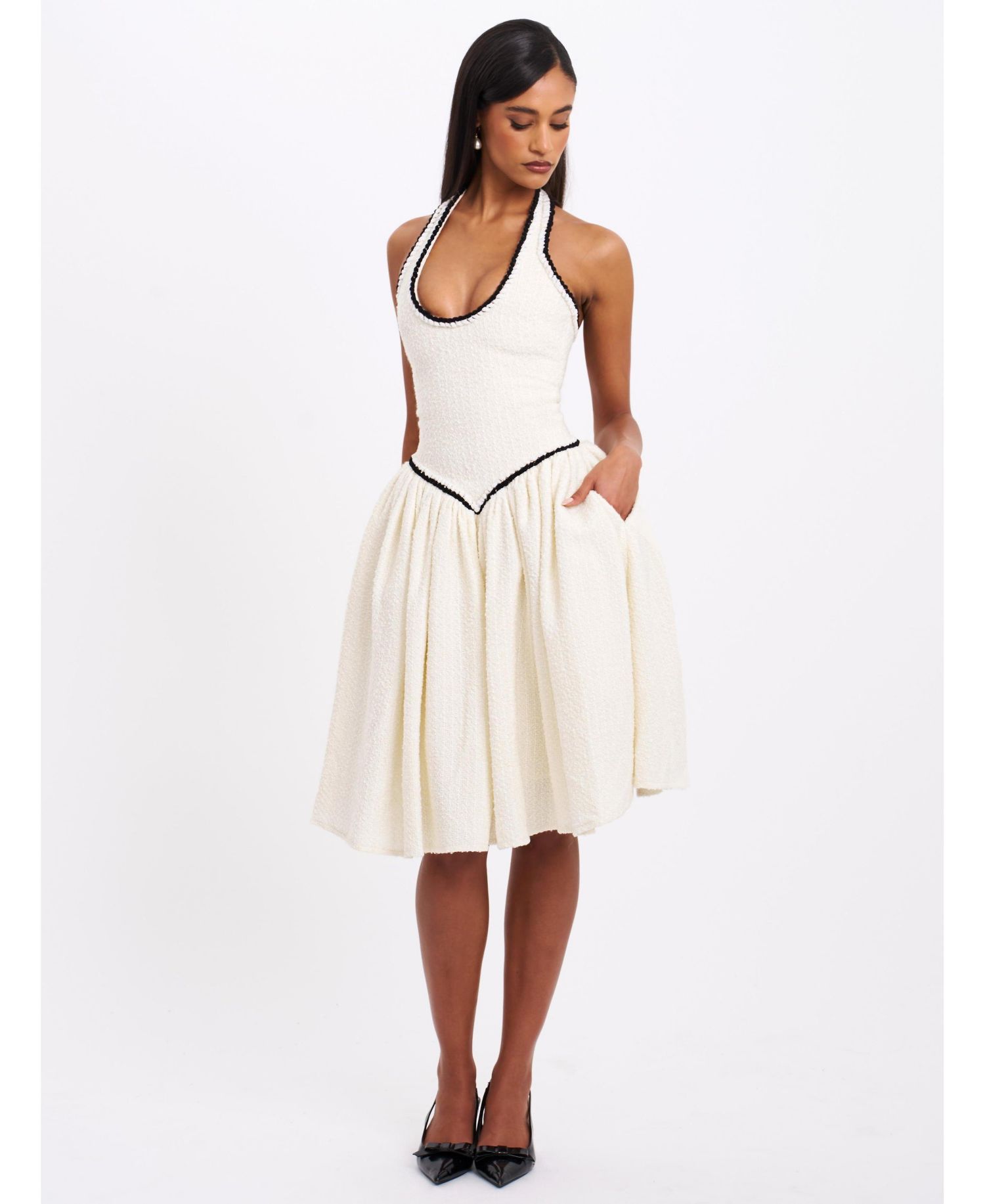 Women's Natalie U Neck Halter Drop Waist Tweed Midi Dress