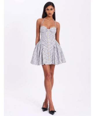 Women's Melody Black and White Plaid Tweed Halter Drop Waist Mini Dress