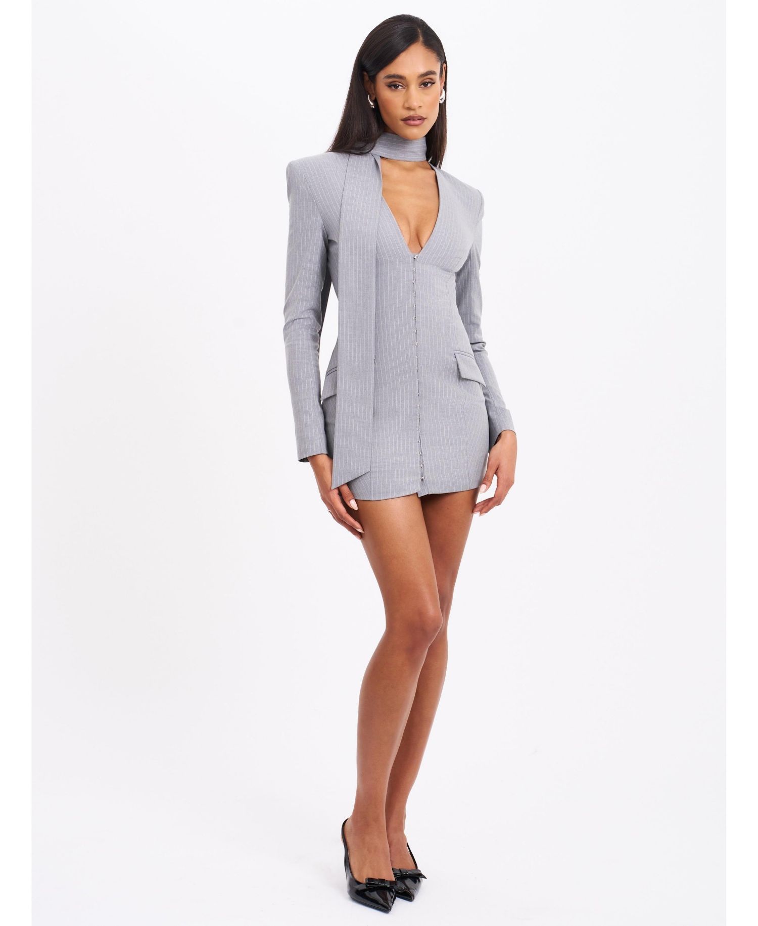 Women's Tahlia Deep V Pinstripes Gray Blazer Dress with scarf collar