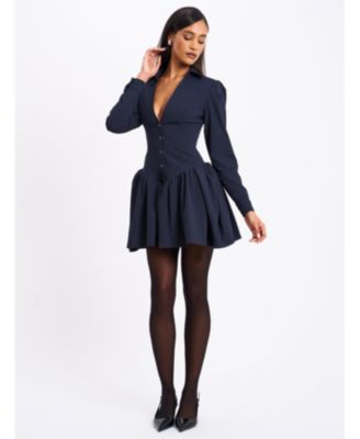 Women's Xabrina Navyblue Pinstripe Long Sleeve Shirt Mini Dress
