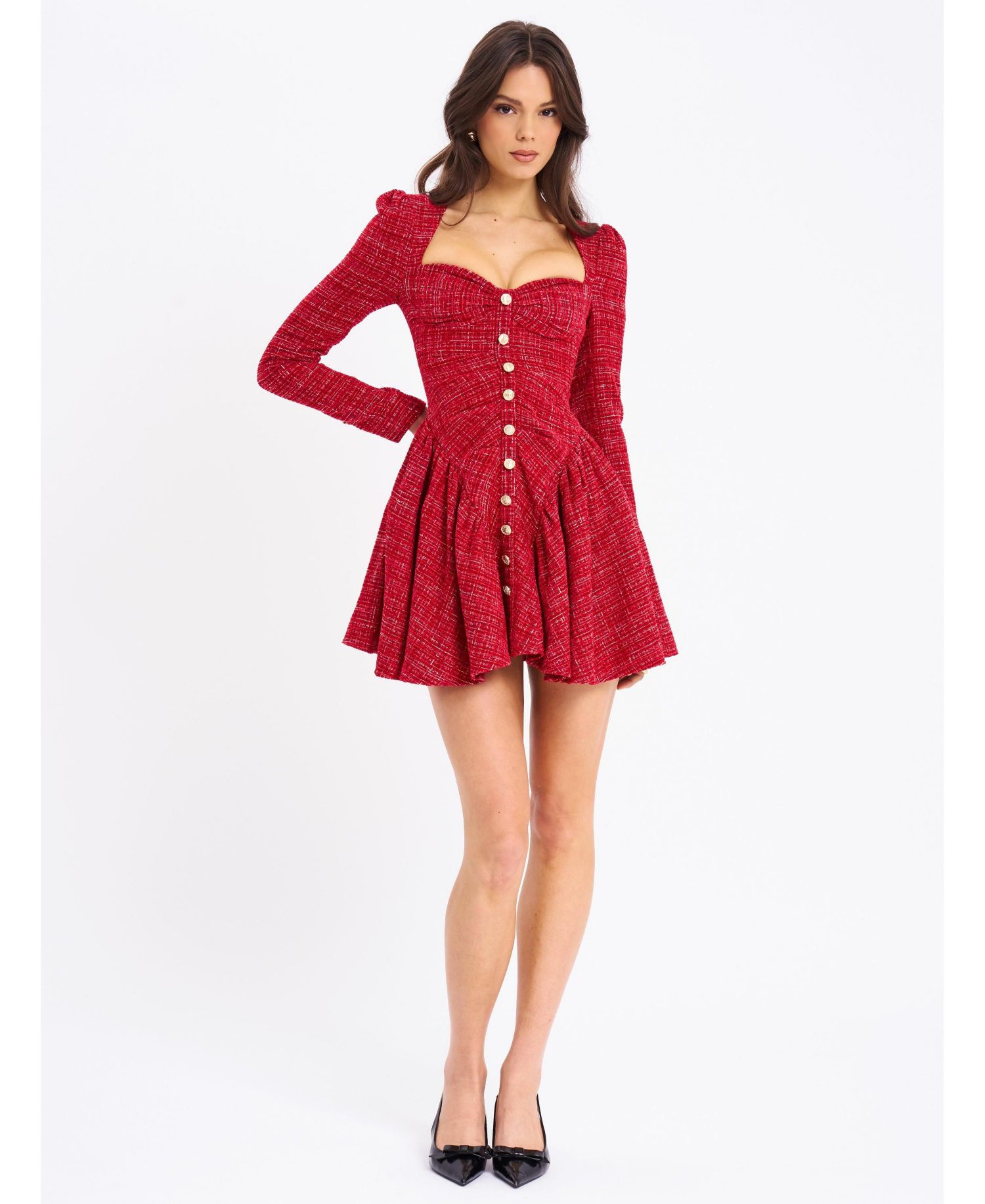 Women's Tae Red Tweed Long Sleeve Drop Waist Mini Dress