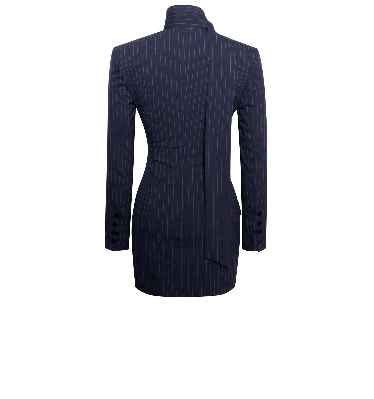 Women's Tahlia Deep V Pinstripes Navy Blue Blazer Dress with scarf collar