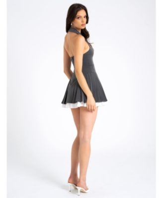 Women's Hazel Grey Preppy Halter Neck Pleated Mini Dress