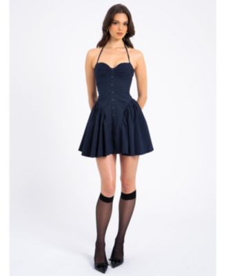 Women's Melody Navy Blue Pinstripe Halter Drop Waist Mini Dress