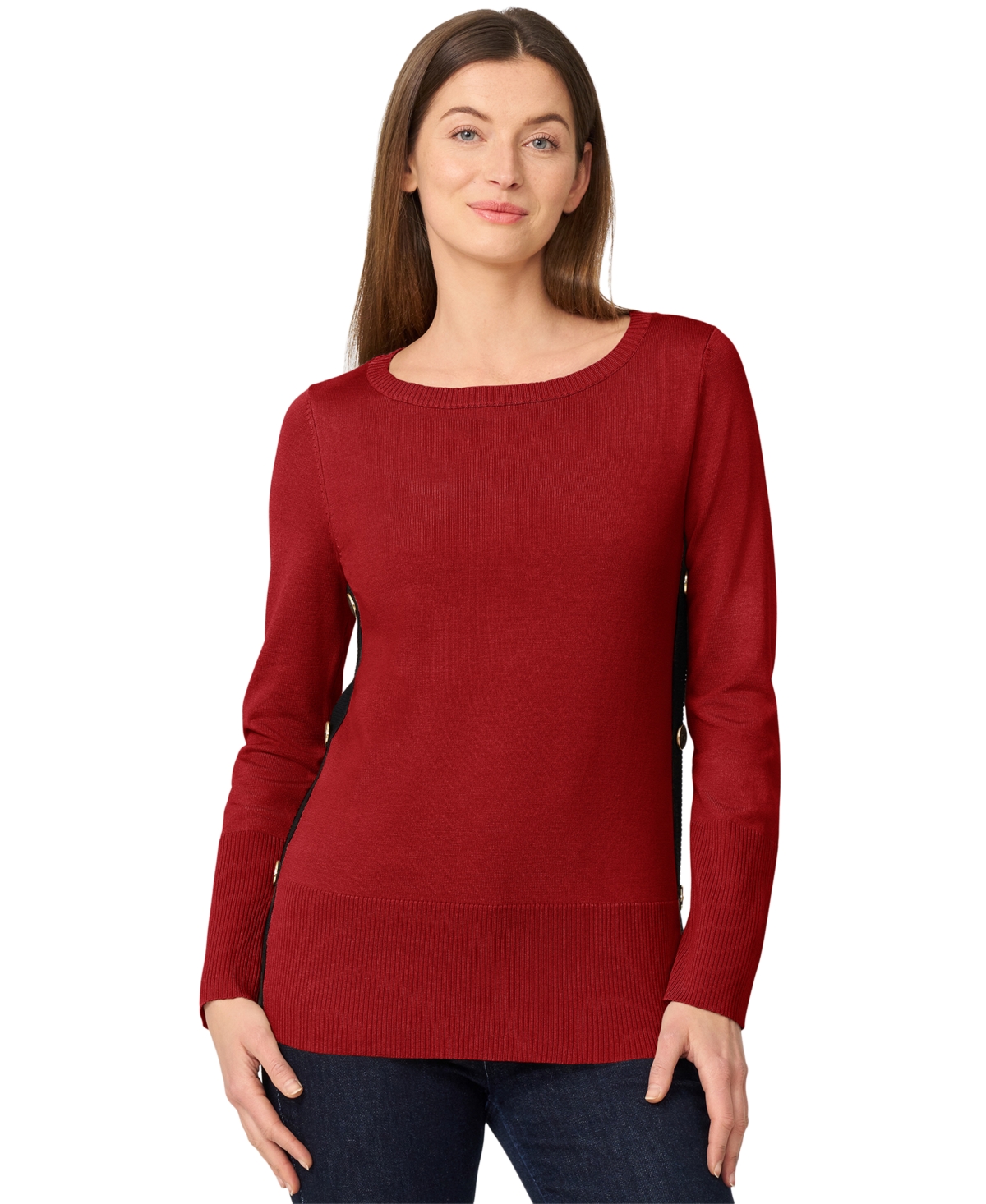 Melissa Paige Petite Tipped Side-button Tunic Sweater In Red