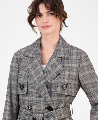 Petite Belted Plaid Trench Jacket
