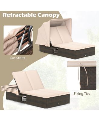 2-person Rattan Lounge Bed w/ Retractable Canopy 5-position Adjustable Backrest