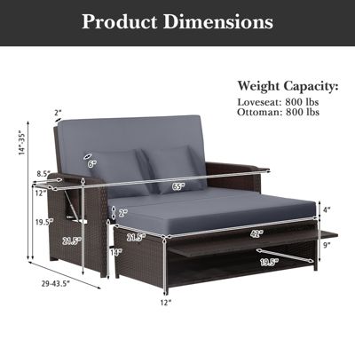 Rattan Loveseat Set Daybed Lounge w/ Storage Ottoman Side Tables Adjust Patio