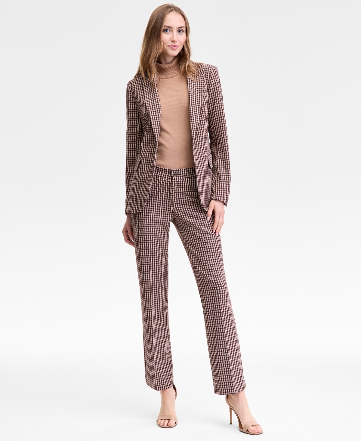 Anne Klein Single Button Blazer Turtleneck Sweater Houndstooth Print Pants In Pink