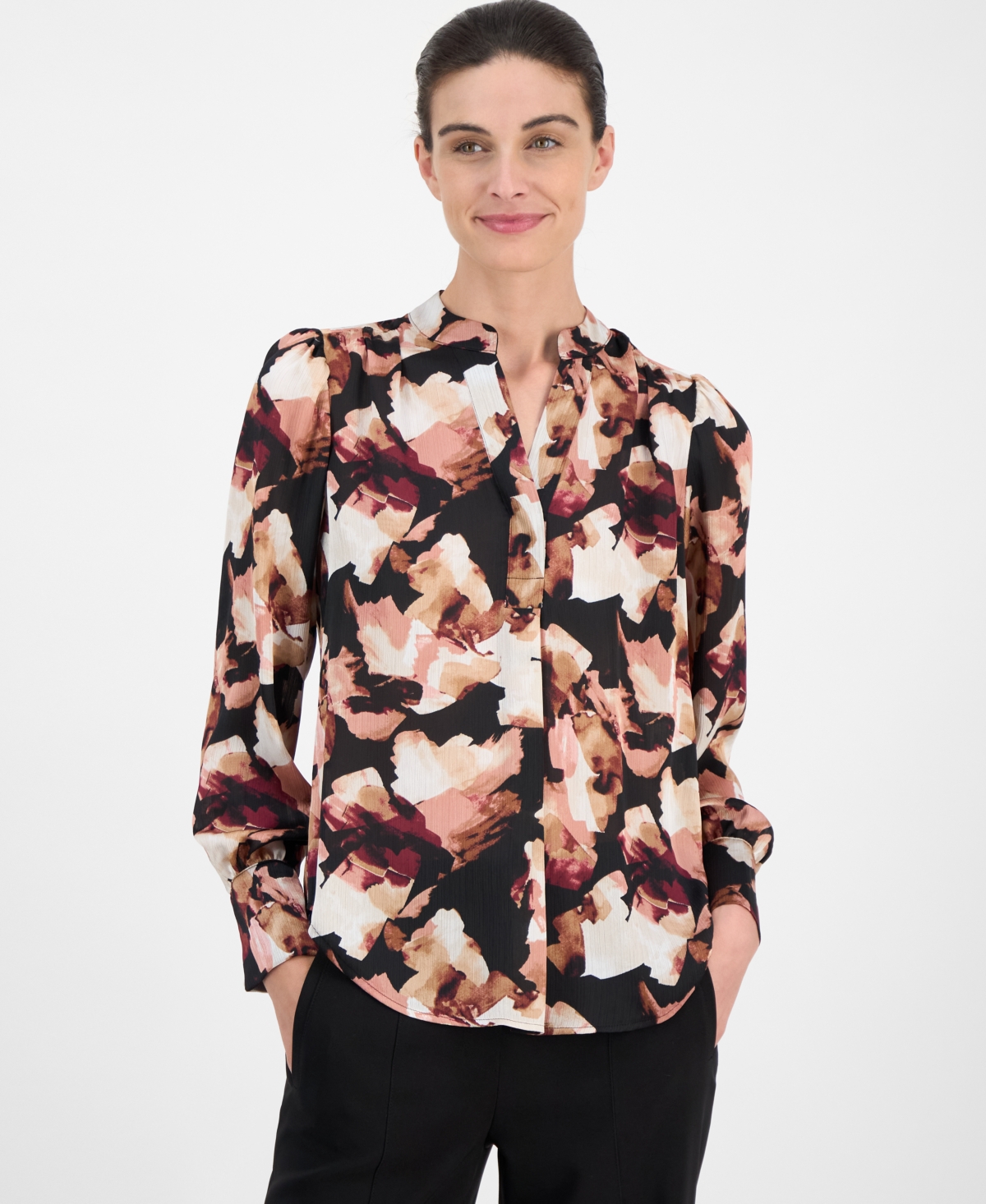 Women's Pleat-Front Long-Sleeve Blouse - Anne Black Multi