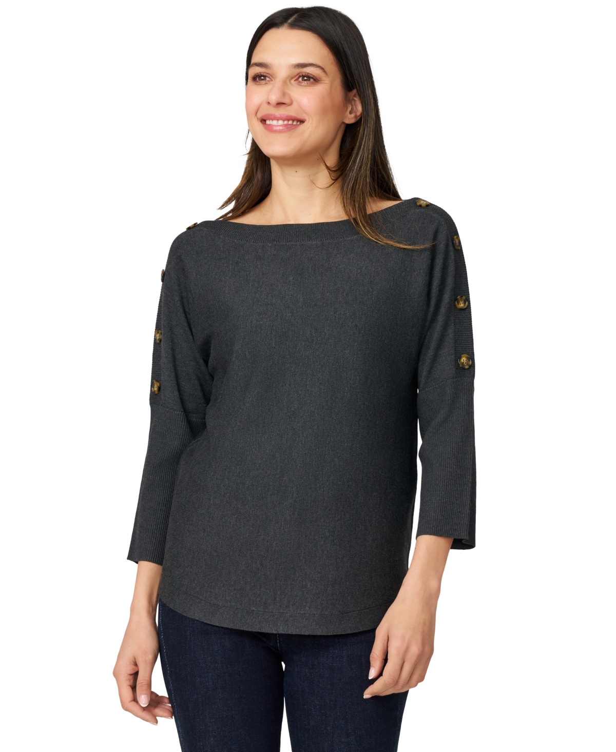 Petite Button-Trim Dolman-Sleeve Sweater - Jet Black