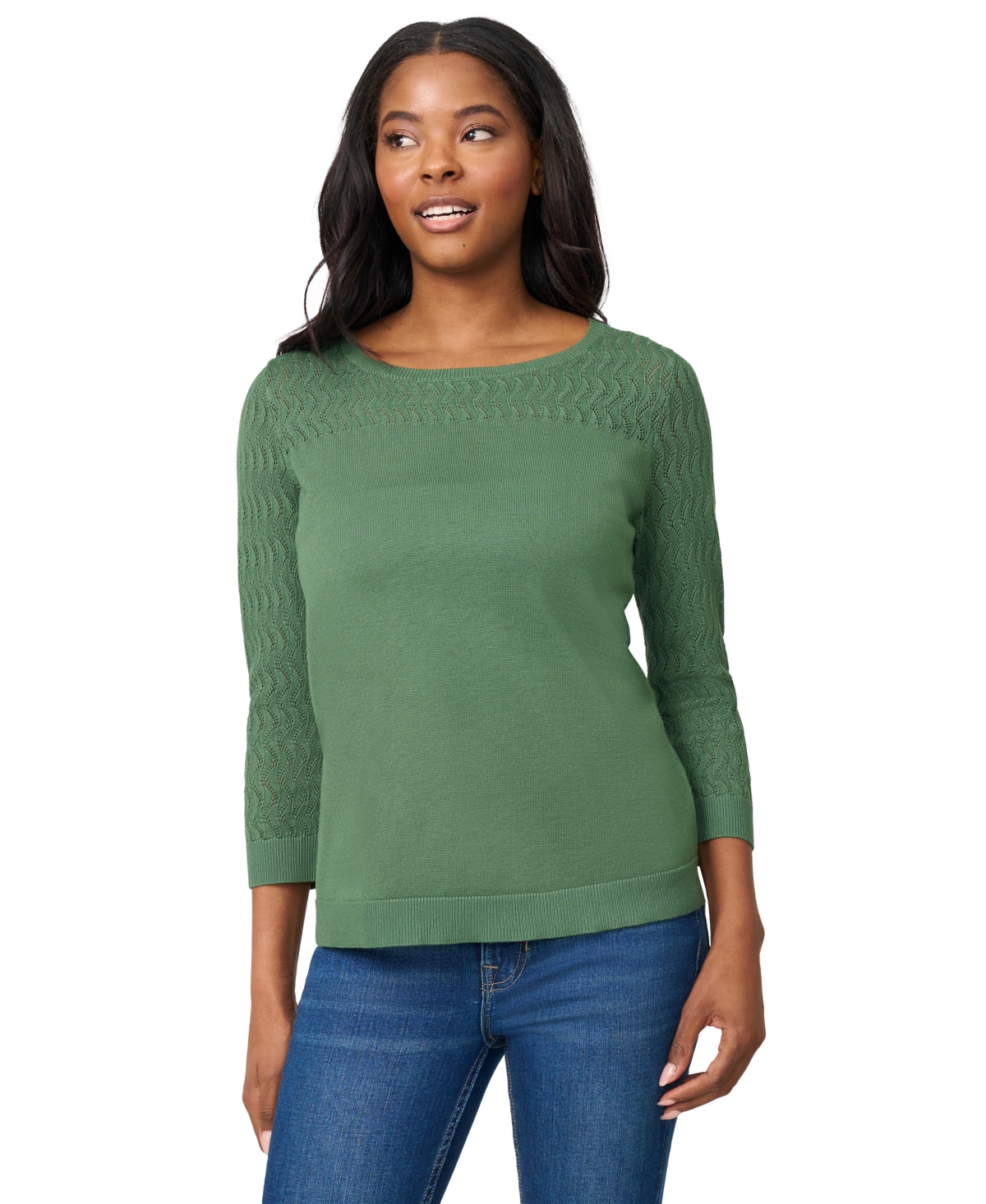 Petite Pointelle-Yoke 3/4-Sleeve Sweater - Myrtle