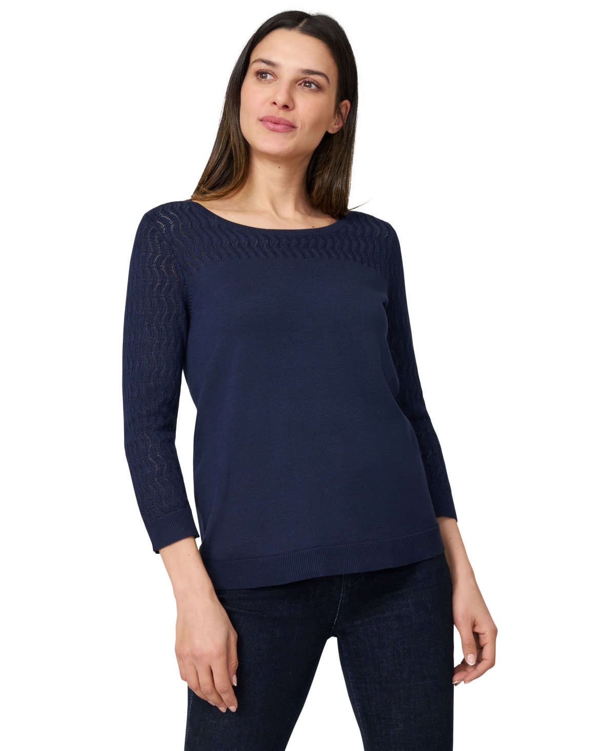 Petite Pointelle-Yoke 3/4-Sleeve Sweater - Myrtle