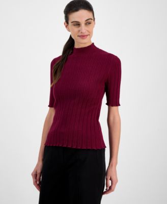 Anne Klein Womens Cable Knit Short Sleeve Sweater P Xxs Xxl In Burgundy