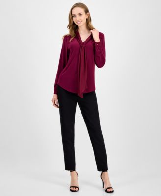 Petite Mixed-Media Tie-Neck Long-Sleeve Blouse