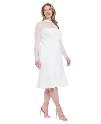 Plus Size Beaded Illusion Mock-Neck Midi Dress