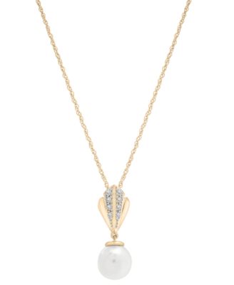 Macy's - Cultured Freshwater Pearl (7mm) & Diamond (1/20 ct. t.w.) 18" Pendant Necklace in 10k Gold