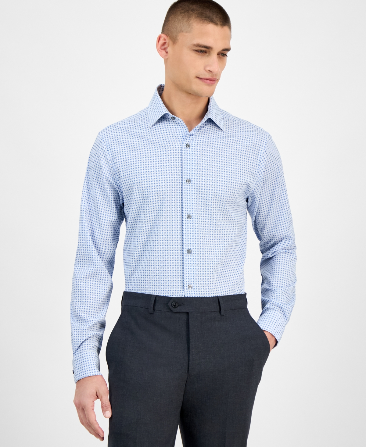 Men's Slim-Fit Long Sleeve Geo Pattern Button-Front Performance Dress Shirt, Exclusively at Macy's - Quiet Harbor