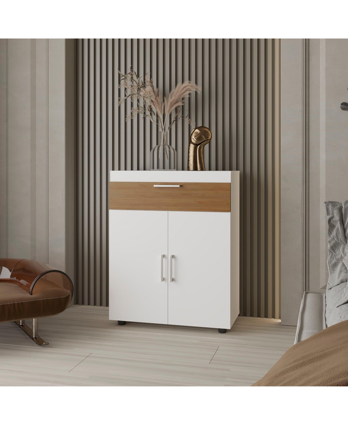 North Fork Shoe Rack, Pneumatic Lift-Up Compartment, Dual Doors, White and Natural Oak - White and natural oak