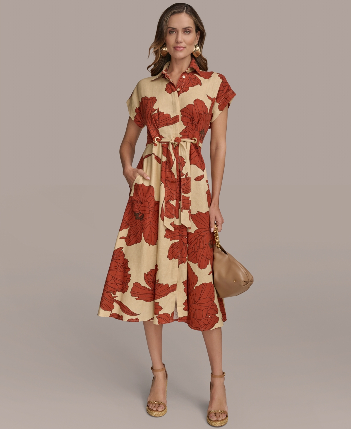 Women's Tie-Waist Shirtdress - Cinnamon Multi