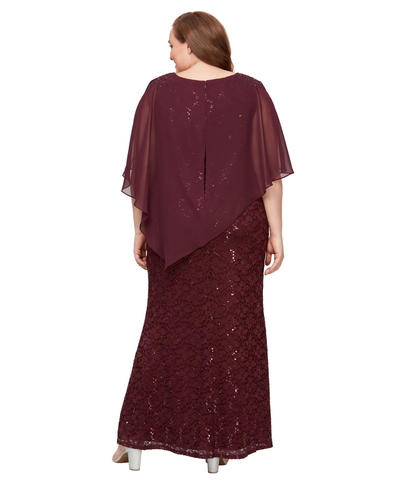 Plus Round-Neck Sequin Lace Cape Dress