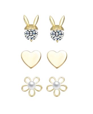 14K Gold Plated with Clear Cubic Zirconia & Mother of Pearl Rabbit, Heart & Flower Stud Earring 3-Piece Set