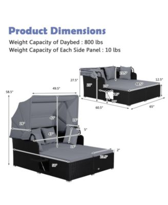 Rattan Daybed Lounge w/ Retractable Top Canopy Side Tables Cushions