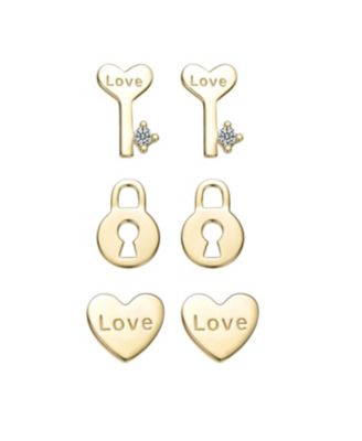 14K Gold Plated with Clear Cubic Zirconia Heart, Key & Lock "Love & Lock" Stud Earring 3-Piece Set