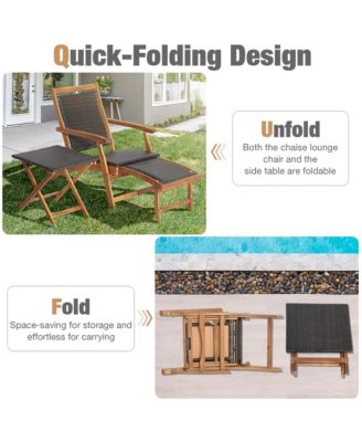 Patio Lounge Chair Set of 3 w/ Side Table Quick Folding Design Ottoman Outdoor
