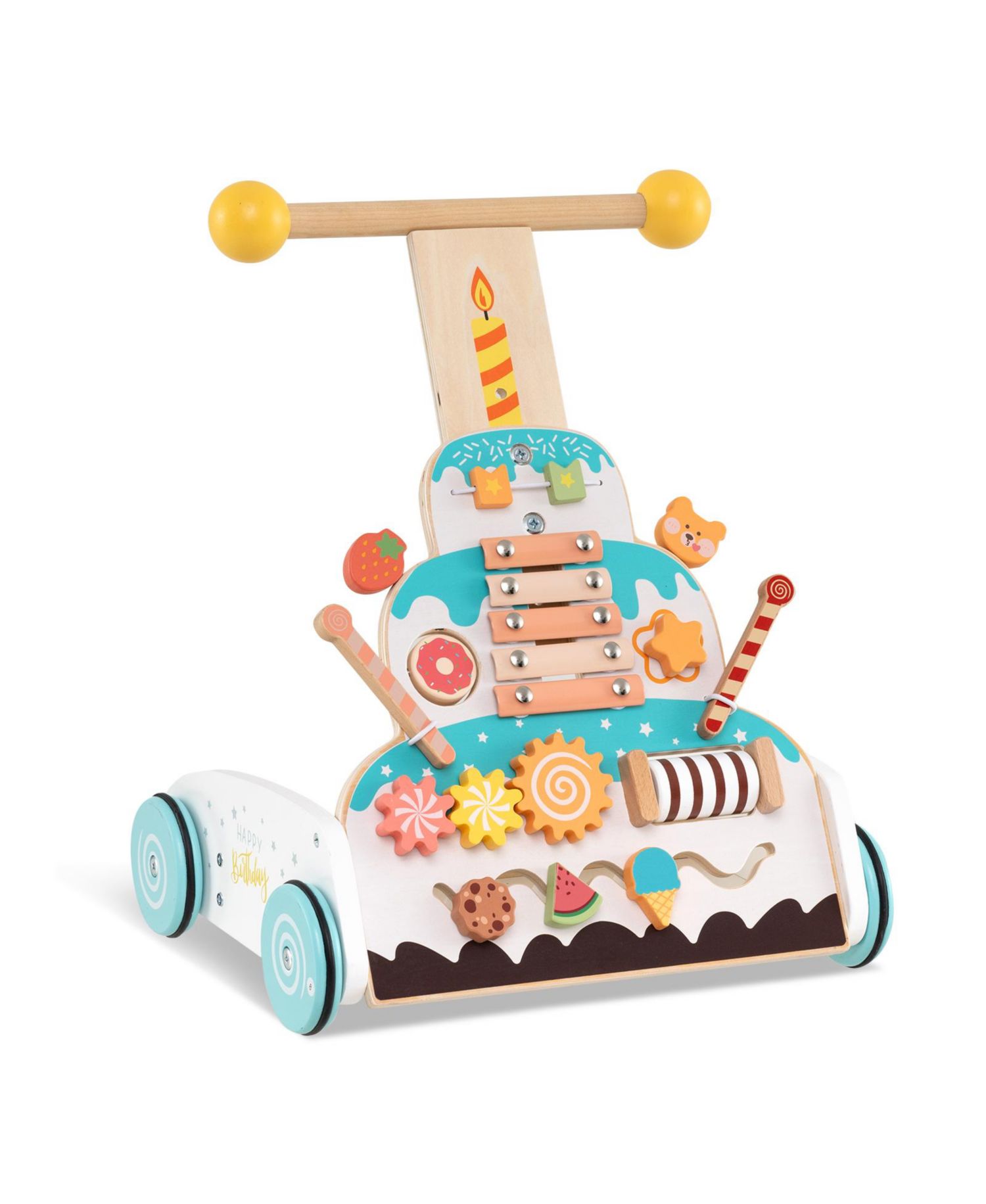 Toddler Wooden Walker with Adjustable Heights and Smooth Wheels-White