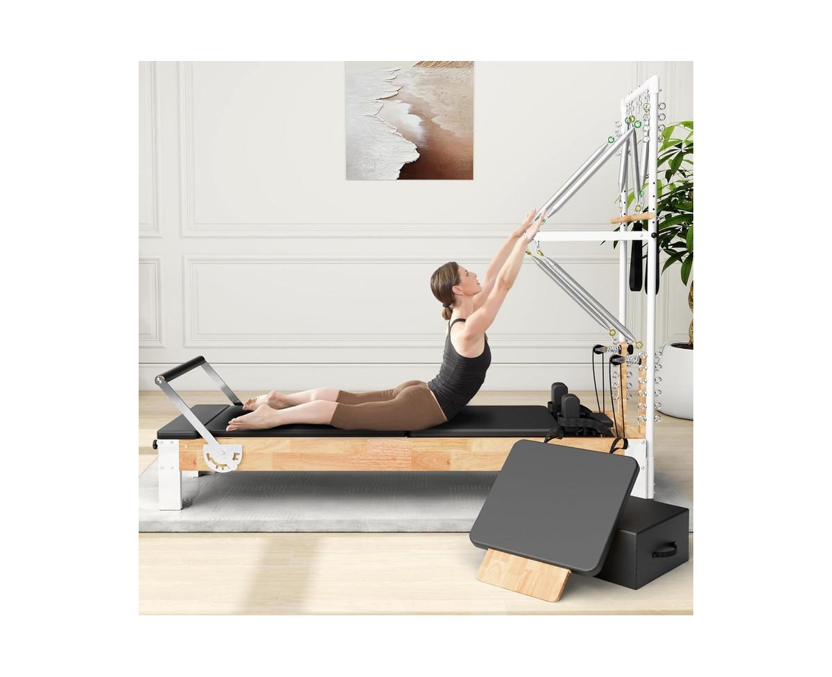 Wooden Reformer & Tower Combo &#x2013; Includes Mat, Jump Board & Sitting Box - Natural